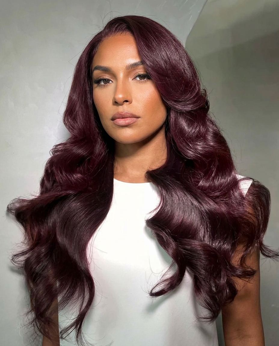 Shopper wearing the dark plum wave wig